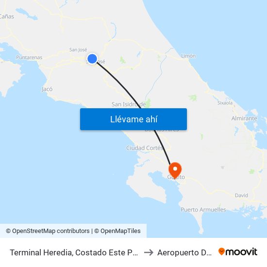 Terminal Heredia, Costado Este Parque El Carmén to Aeropuerto De Golfito map