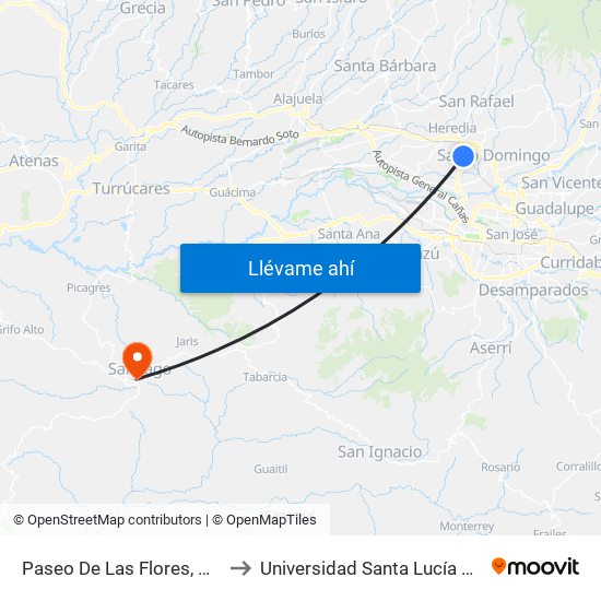 Paseo De Las Flores, Heredia to Universidad Santa Lucía Puriscal map