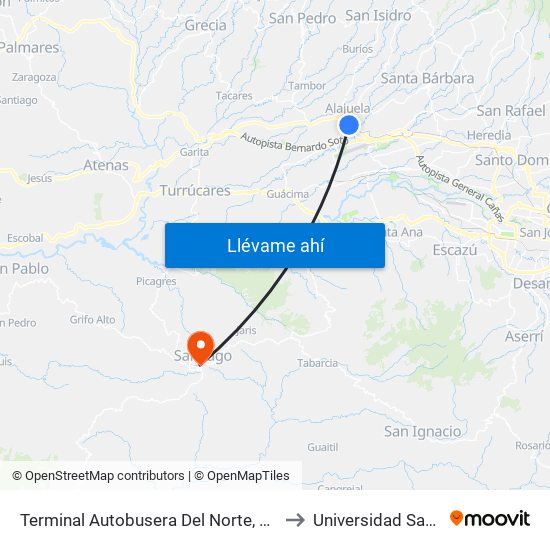 Terminal Autobusera Del Norte, Radial Francisco J. Orlich Alajuela to Universidad Santa Lucía Puriscal map