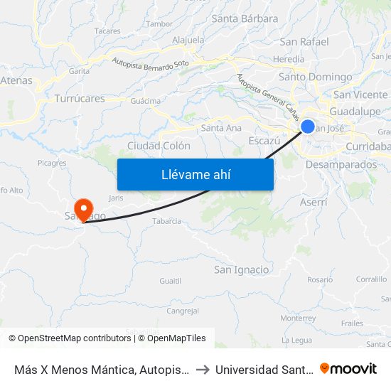 Más X Menos Mántica, Autopista General Cañas San José to Universidad Santa Lucía Puriscal map