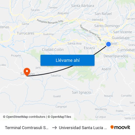 Terminal Comtrasuli San José to Universidad Santa Lucía Puriscal map