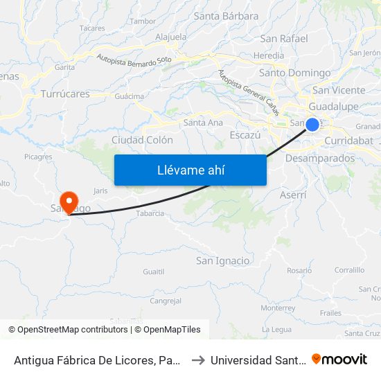 Antigua Fábrica De Licores, Paseo De Las Damas San José to Universidad Santa Lucía Puriscal map