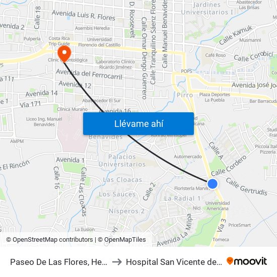 Paseo De Las Flores, Heredia to Hospital San Vicente de Paul map