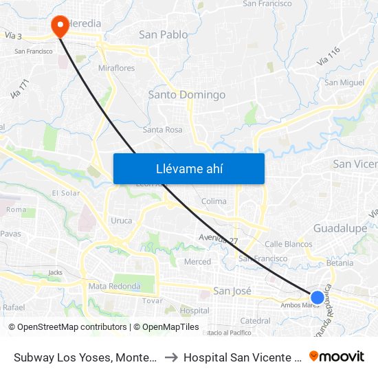 Subway Los Yoses, Montes De Oca to Hospital San Vicente de Paul map