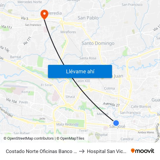 Costado Norte Oficinas Banco Nacional San José to Hospital San Vicente de Paul map