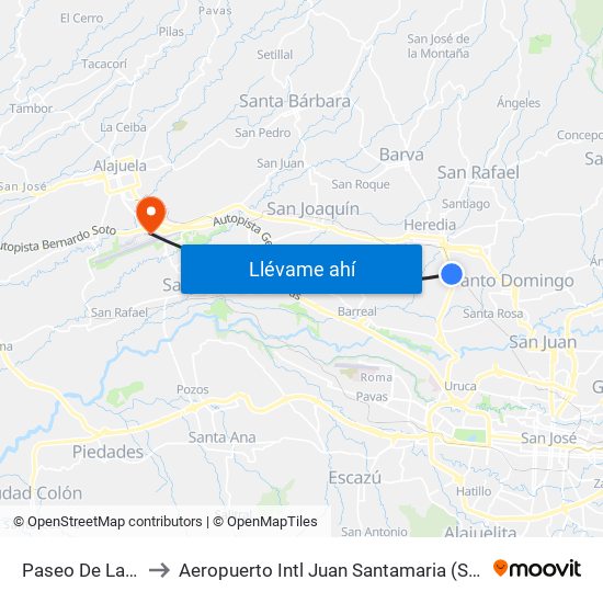 Paseo De Las Flores, Heredia to Aeropuerto Intl Juan Santamaria (SJO) (Aeropuerto Internacional San José) map