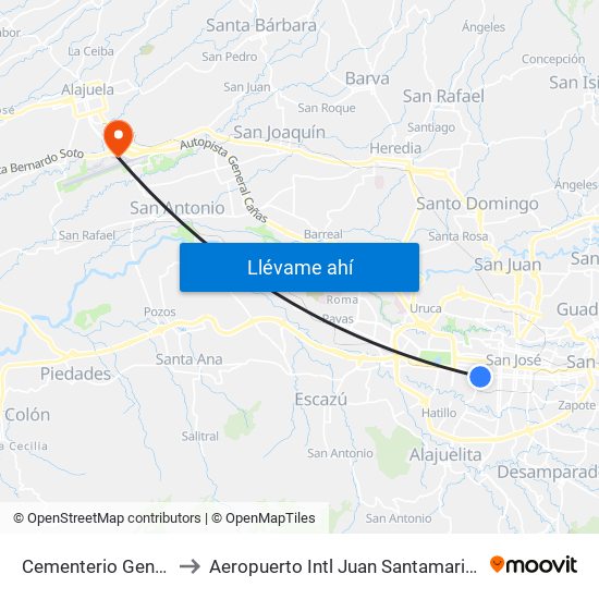 Cementerio General, San Bosco San José to Aeropuerto Intl Juan Santamaria (SJO) (Aeropuerto Internacional San José) map