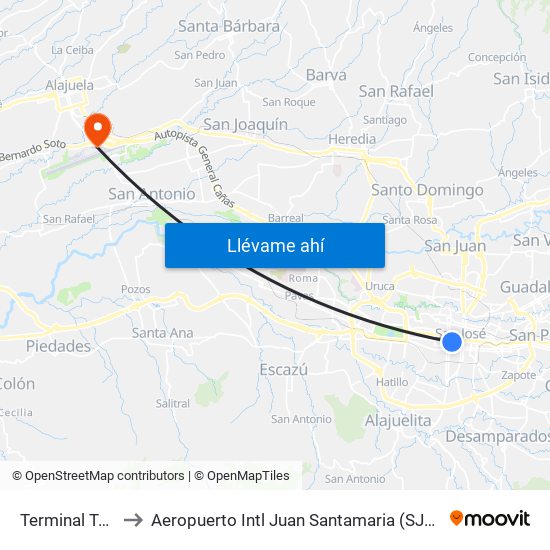 Terminal Tuasa San José to Aeropuerto Intl Juan Santamaria (SJO) (Aeropuerto Internacional San José) map