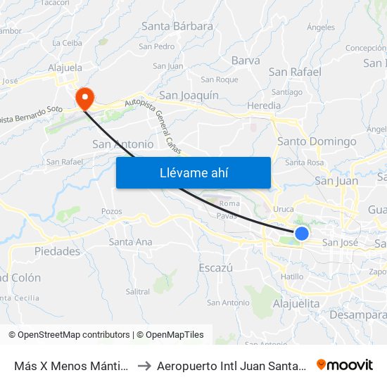 Más X Menos Mántica, Autopista General Cañas San José to Aeropuerto Intl Juan Santamaria (SJO) (Aeropuerto Internacional San José) map