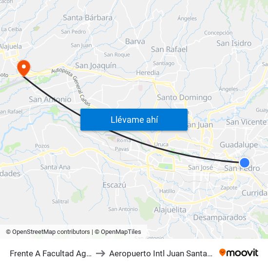 Frente A Facultad Agronomía Campus Ucr, Montes De Oca to Aeropuerto Intl Juan Santamaria (SJO) (Aeropuerto Internacional San José) map