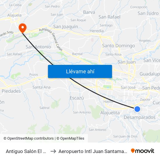 Antiguo Salón El Jorón, Santa Marta San José to Aeropuerto Intl Juan Santamaria (SJO) (Aeropuerto Internacional San José) map