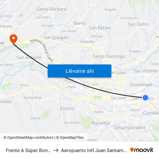 Frente A Súper Bon Bon, San Pedro Montes De Oca to Aeropuerto Intl Juan Santamaria (SJO) (Aeropuerto Internacional San José) map