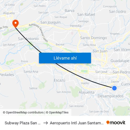 Subway Plaza San Francisco De Dos Ríos, San José to Aeropuerto Intl Juan Santamaria (SJO) (Aeropuerto Internacional San José) map