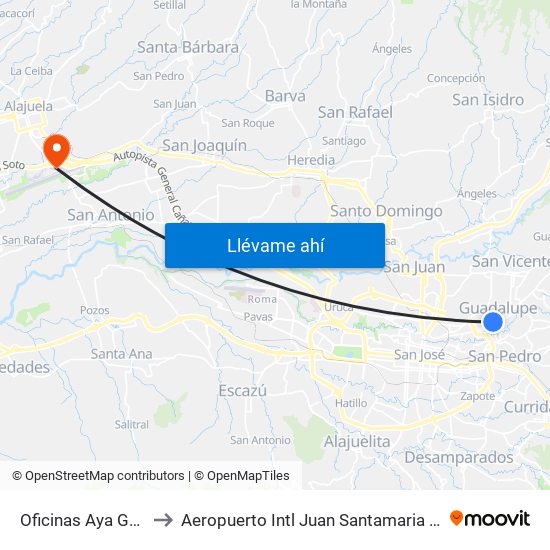 Oficinas Aya Guadalupe, Goicoechea to Aeropuerto Intl Juan Santamaria (SJO) (Aeropuerto Internacional San José) map