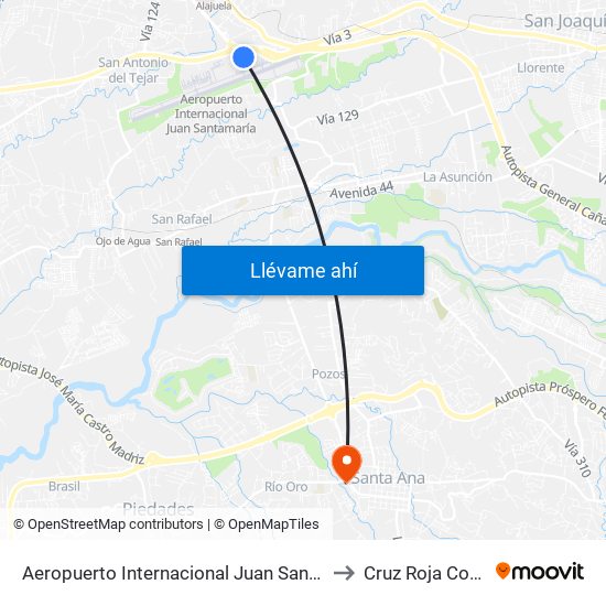 Aeropuerto Internacional Juan Santamaría, Alajuela to Cruz Roja Costa Rica map