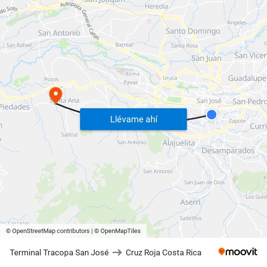 Terminal Tracopa San José to Cruz Roja Costa Rica map