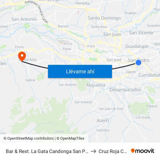 Bar & Rest. La Gata Candonga San Pedro, Montes De Oca to Cruz Roja Costa Rica map