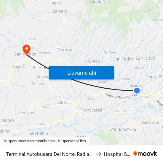 Terminal Autobusera Del Norte, Radial Francisco J. Orlich Alajuela to Hospital San Ramón map
