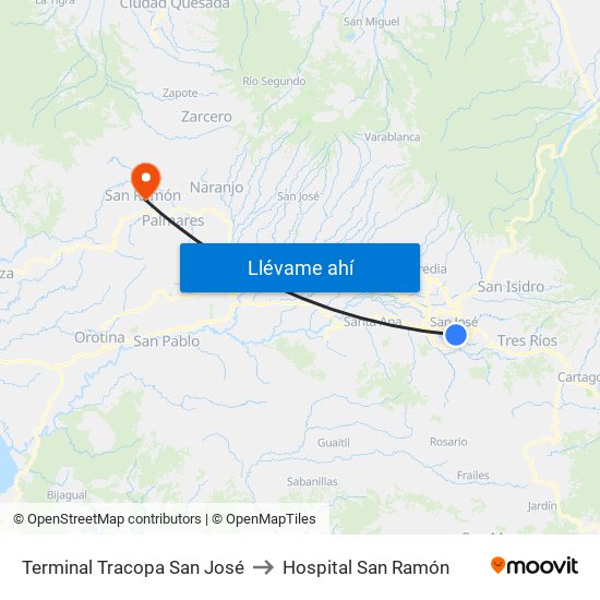 Terminal Tracopa San José to Hospital San Ramón map