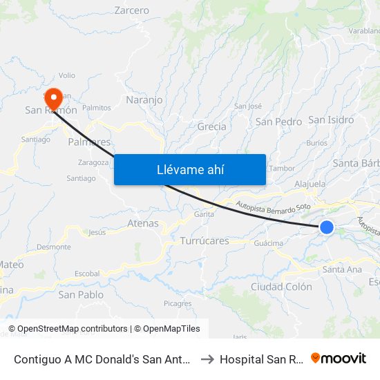 Contiguo A MC Donald's San Antonio, Belén to Hospital San Ramón map