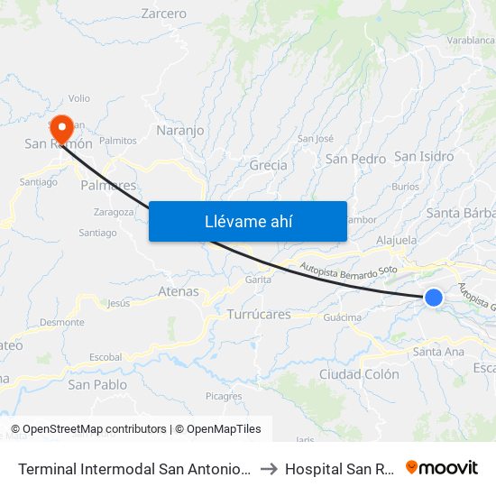 Terminal Intermodal San Antonio De Belén to Hospital San Ramón map