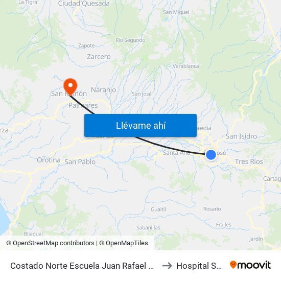 Costado Norte Escuela Juan Rafael Mora, Pitahaya San José to Hospital San Ramón map