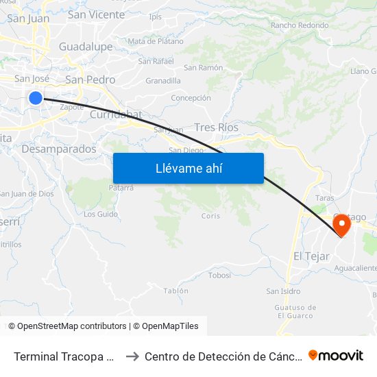 Terminal Tracopa San José to Centro de Detección de Cáncer Gástrico map