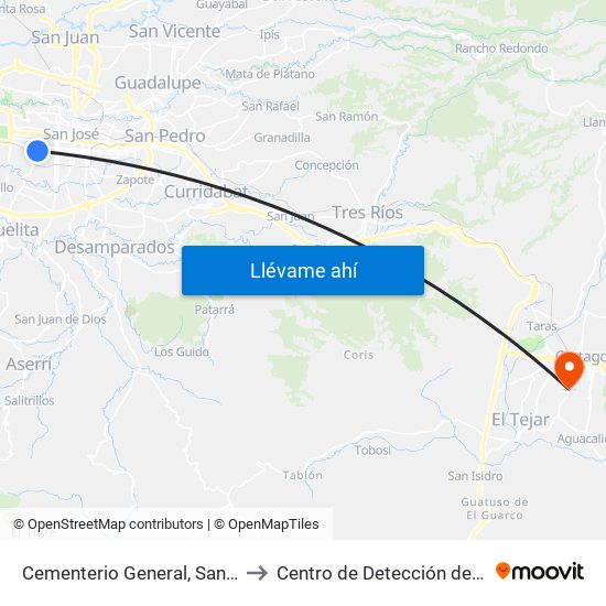 Cementerio General, San Bosco San José to Centro de Detección de Cáncer Gástrico map