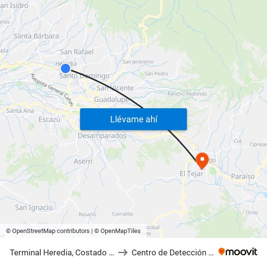 Terminal Heredia, Costado Norte Mercado Heredia to Centro de Detección de Cáncer Gástrico map