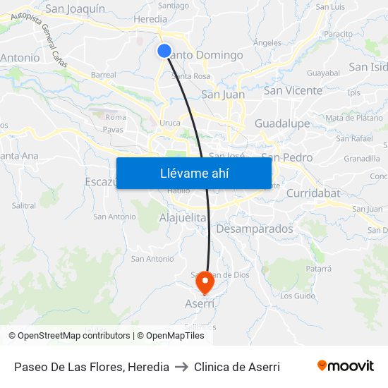 Paseo De Las Flores, Heredia to Clinica de Aserri map