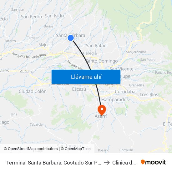 Terminal Santa Bárbara, Costado Sur Parque Santa Bárbara to Clinica de Aserri map