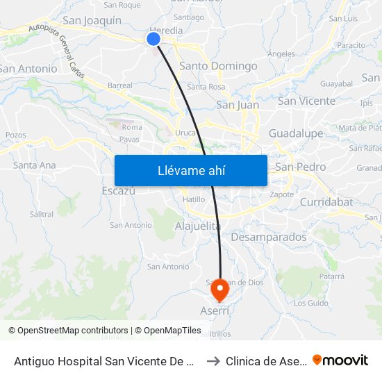 Antiguo Hospital San Vicente De Paul to Clinica de Aserri map
