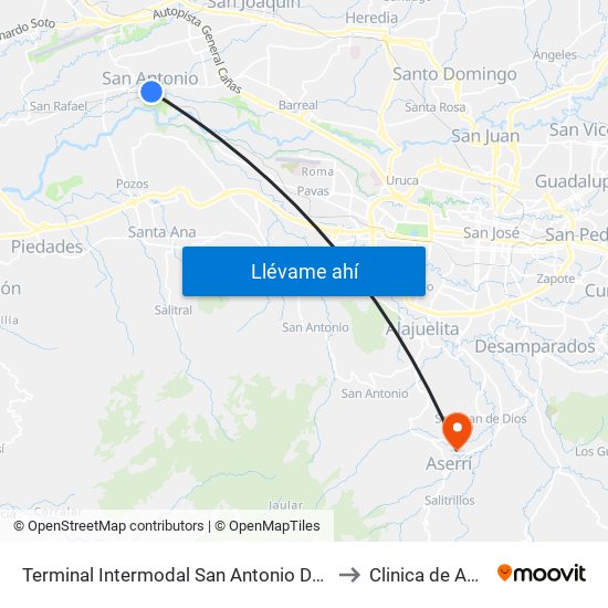 Terminal Intermodal San Antonio De Belén to Clinica de Aserri map