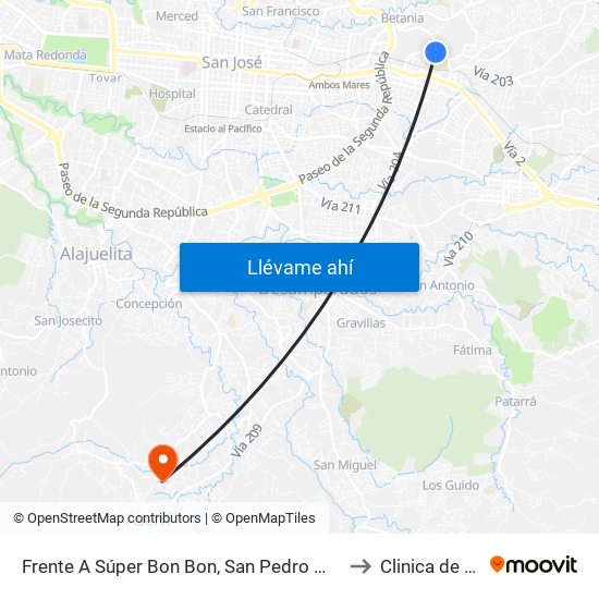 Frente A Súper Bon Bon, San Pedro Montes De Oca to Clinica de Aserri map