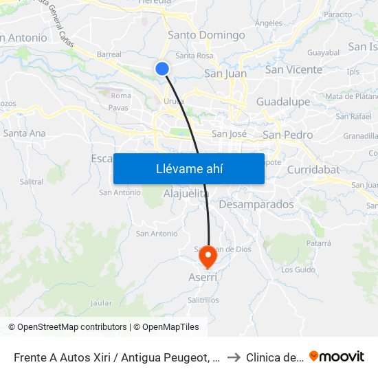 Frente A Autos Xiri / Antigua Peugeot, La Valencia Heredia to Clinica de Aserri map