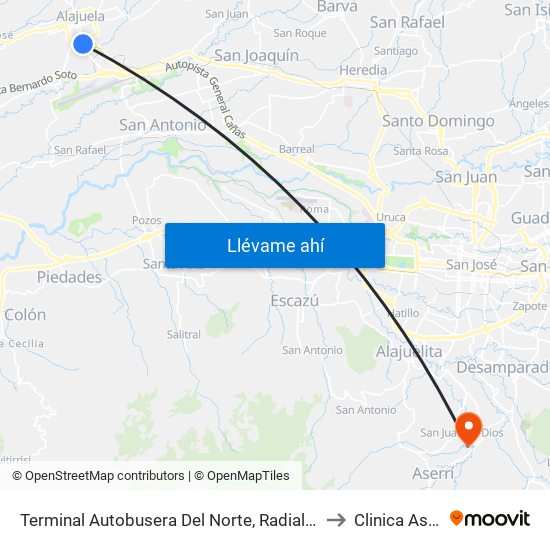 Terminal Autobusera Del Norte, Radial Francisco J. Orlich Alajuela to Clinica Aserri CCSS map