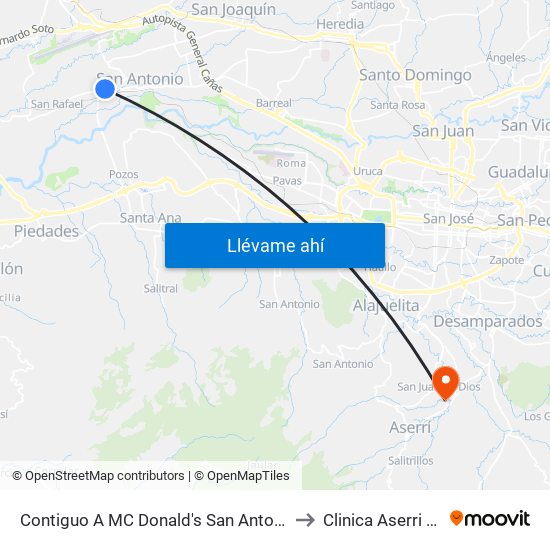 Contiguo A MC Donald's San Antonio, Belén to Clinica Aserri CCSS map