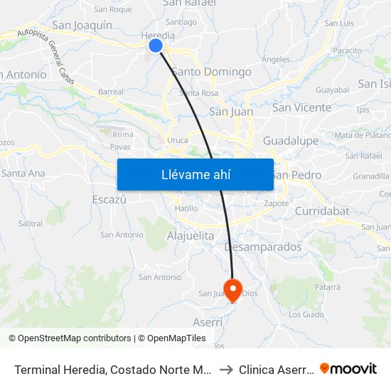 Terminal Heredia, Costado Norte Mercado Heredia to Clinica Aserri CCSS map