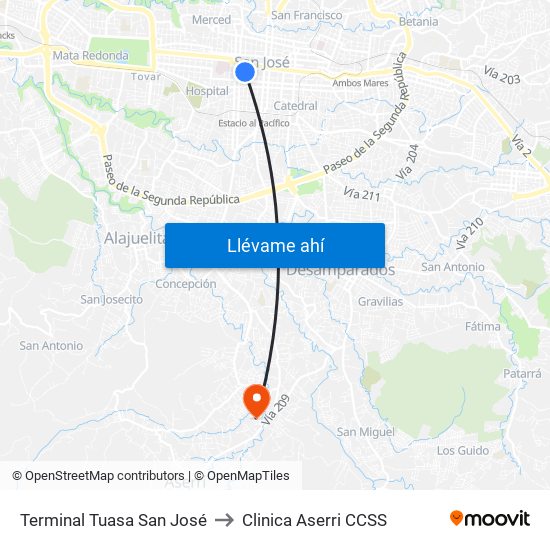 Terminal Tuasa San José to Clinica Aserri CCSS map