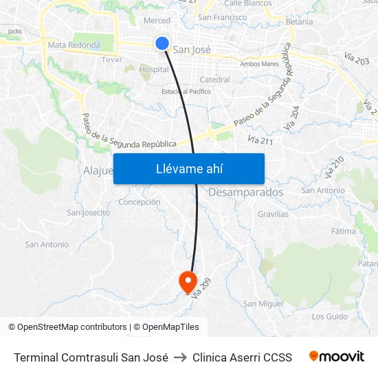 Terminal Comtrasuli San José to Clinica Aserri CCSS map