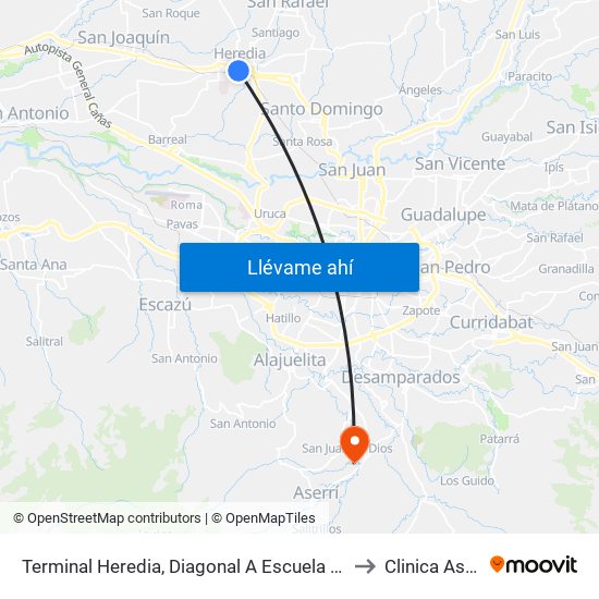 Terminal Heredia, Diagonal A Escuela Braulio Morales Cervantes to Clinica Aserri CCSS map