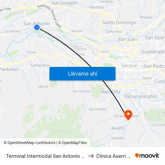 Terminal Intermodal San Antonio De Belén to Clinica Aserri CCSS map