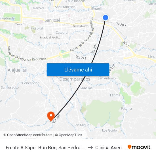 Frente A Súper Bon Bon, San Pedro Montes De Oca to Clinica Aserri CCSS map