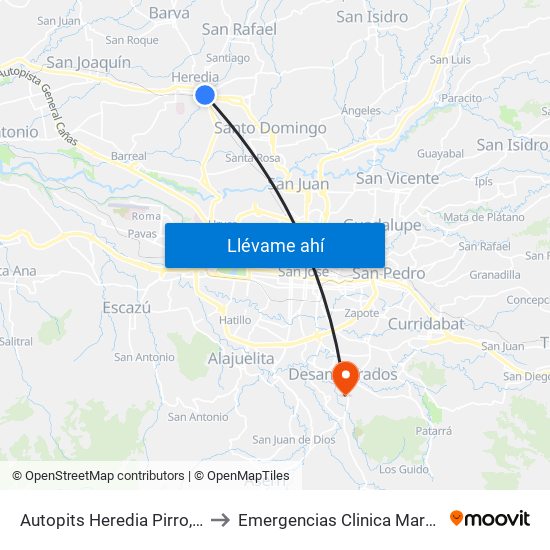 Autopits Heredia Pirro, Heredia to Emergencias Clinica Marcial Fallas map