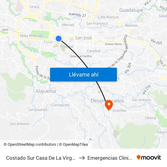Costado Sur Casa De La Virgen, San Bosco San José to Emergencias Clinica Marcial Fallas map