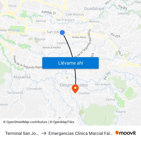 Terminal San José to Emergencias Clinica Marcial Fallas map