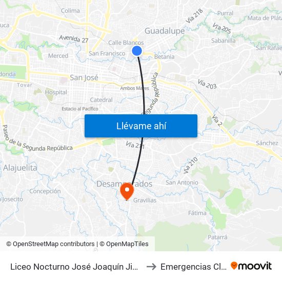 Liceo Nocturno José Joaquín Jiménez Nuñez, Guadalupe Goicoechea to Emergencias Clinica Marcial Fallas map