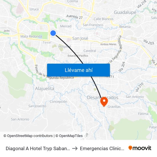 Diagonal A Hotel Tryp Sabana, Mántica San José to Emergencias Clinica Marcial Fallas map