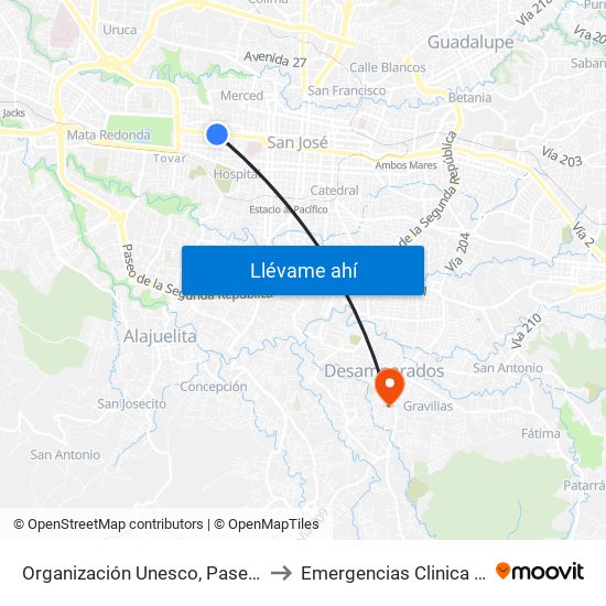 Organización Unesco, Paseo Colón San José to Emergencias Clinica Marcial Fallas map