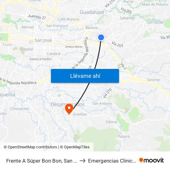 Frente A Súper Bon Bon, San Pedro Montes De Oca to Emergencias Clinica Marcial Fallas map